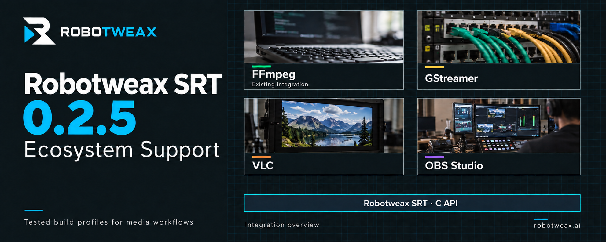 Robotweax SRT 0.2.5 – Ecosystem Support: existing FFmpeg integration and build profiles for GStreamer, VLC and OBS Studio